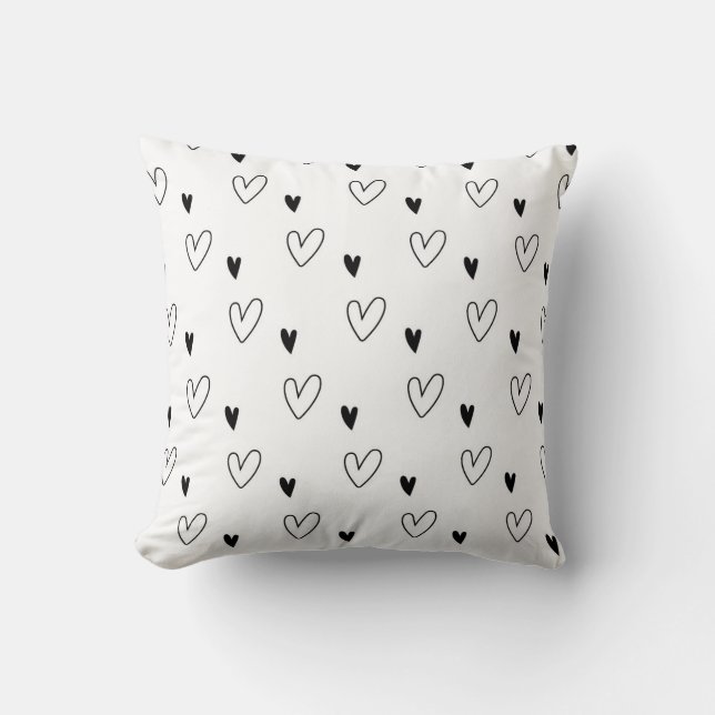 Cute Scandinavian Black and White Heart Pattern Throw Pillow (Front)