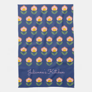 Cute Scandinavian Blue Flower Pattern Monogrammed Kitchen Towel