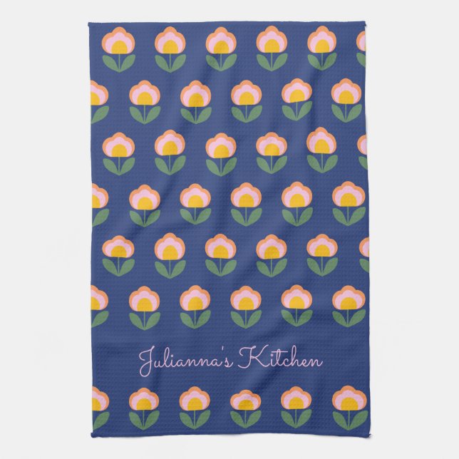 Cute Scandinavian Blue Flower Pattern Monogrammed Kitchen Towel (Vertical)