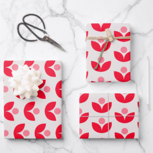 Cute Scandinavian Botanical Geometric Art Pink Red Wrapping Paper Sheet