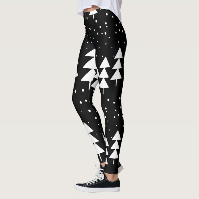 Cute Scandinavian Christmas Black and White Trees Leggings (Left)