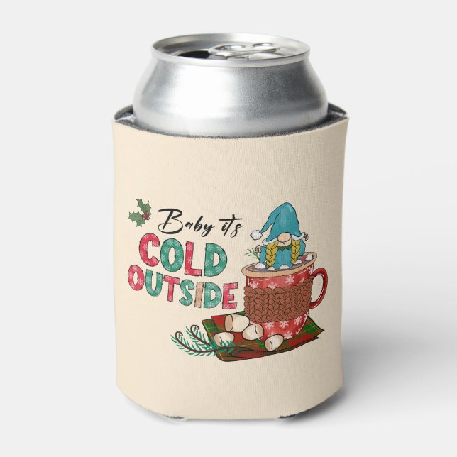 Cute Scandinavian Christmas Gnome & Hot Cocoa Can Cooler (Can Front)