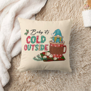 Cute Scandinavian Christmas Gnome & Hot Cocoa Throw Pillow