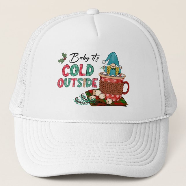 Cute Scandinavian Christmas Gnome & Hot Cocoa Trucker Hat (Front)