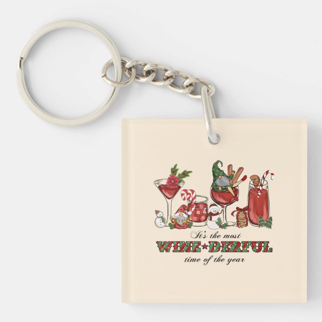 Cute Scandinavian Christmas Gnomes with Wine Glass Keychain (Front)