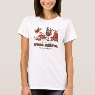 Cute Scandinavian Christmas Gnomes with Wine Glass T-Shirt