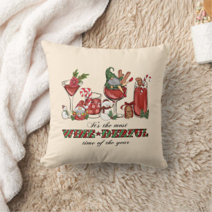 Cute Scandinavian Christmas Gnomes with Wine Glass Throw Pillow