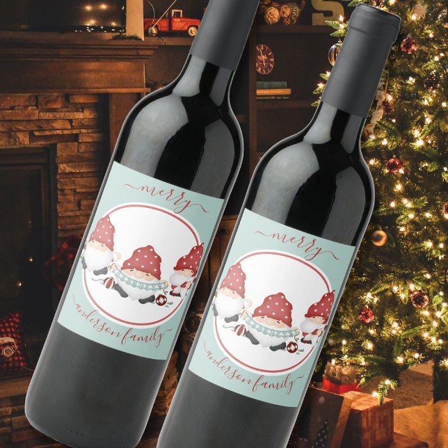 Cute Scandinavian Christmas Gnomies Wine Label (Creator Uploaded)