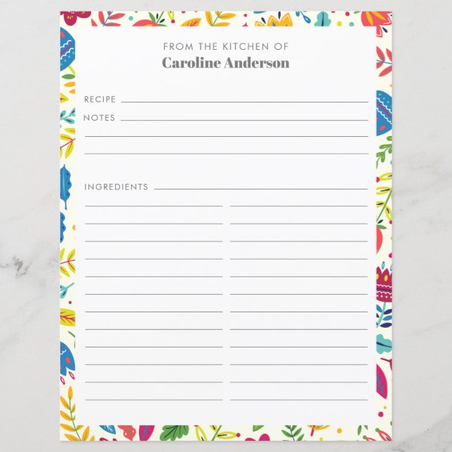 Cute Scandinavian Floral Personalized Recipe Page (Front)