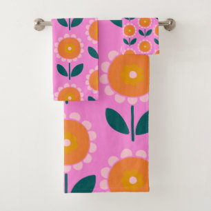 Cute Scandinavian Flowers in Pink and Orange Bath Towel Set