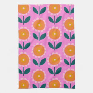 Cute Scandinavian Flowers in Pink and Orange Kitchen Towel