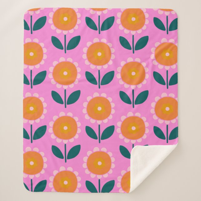 Cute Scandinavian Flowers in Pink and Orange  Sherpa Blanket (Front)