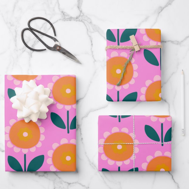 Cute Scandinavian Flowers in Pink and Orange Wrapping Paper Sheet (Front)
