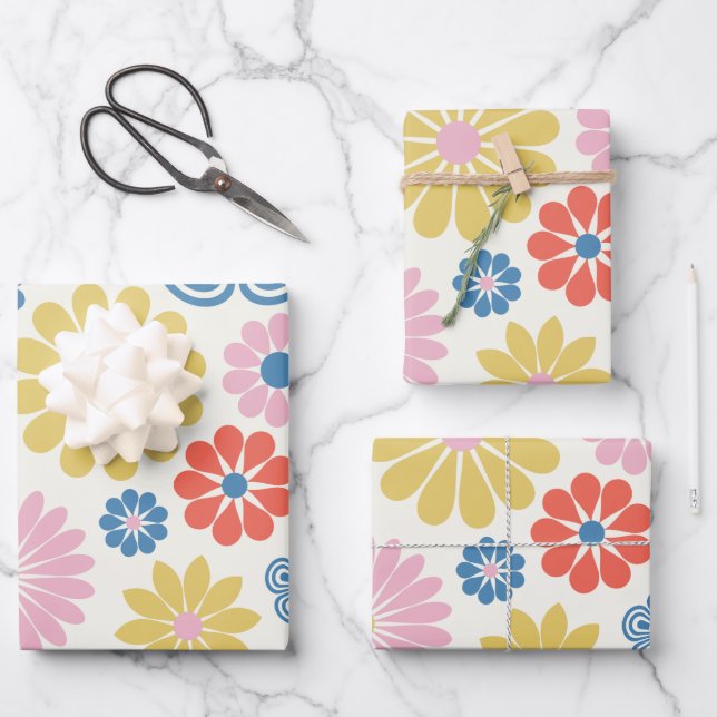 Cute Scandinavian Folk Flowers in Red Yellow Blue Wrapping Paper Sheet (Front)