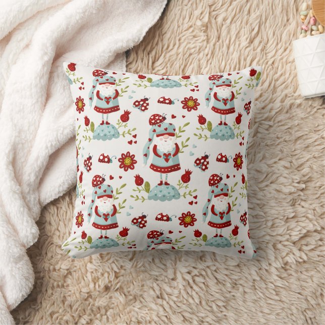Cute Scandinavian Gnome Floral Pattern Throw Pillow (Blanket)