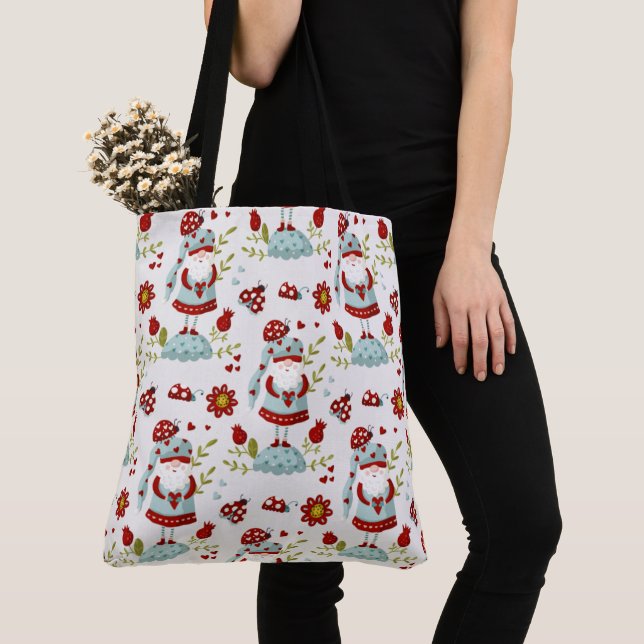 Cute Scandinavian Gnome Floral Pattern Tote Bag (Close Up)