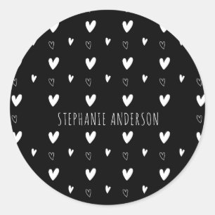 Cute Scandinavian Heart Pattern Black Personalized Classic Round Sticker