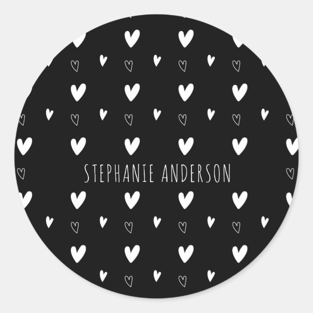 Cute Scandinavian Heart Pattern Black Personalized Classic Round Sticker (Front)