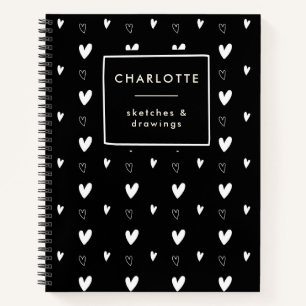 Cute Scandinavian Heart Pattern Black Personalized Notebook