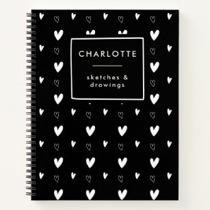 Cute Scandinavian Heart Pattern Black Personalized Notebook