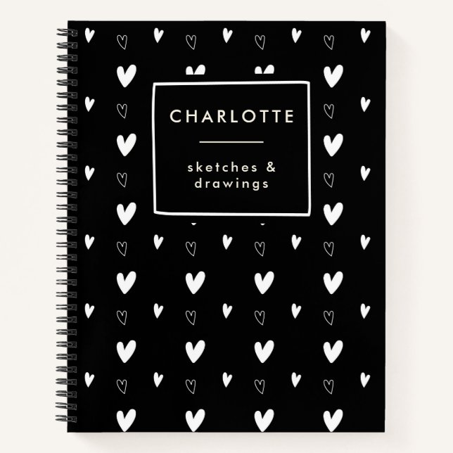 Cute Scandinavian Heart Pattern Black Personalized Notebook (Front)