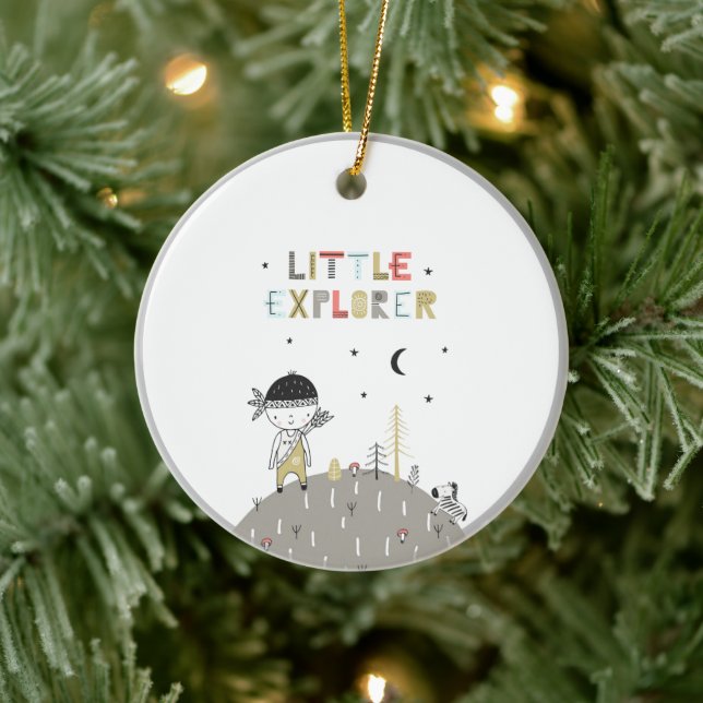 Cute Scandinavian Little Explorer Kids Ceramic Ornament (Tree)