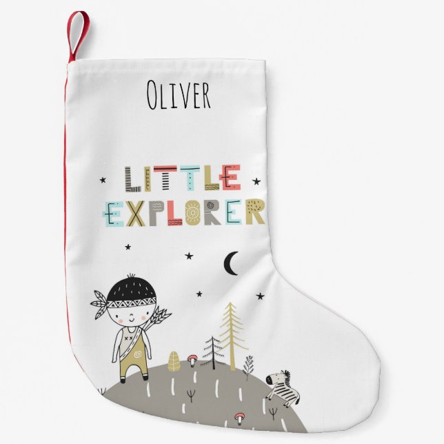 Cute Scandinavian Little Explorer Personalized Small Christmas Stocking (Front)