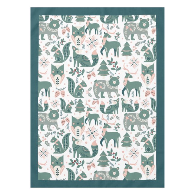 Cute Scandinavian Woodland Animals Snowflakes Tablecloth (Front)