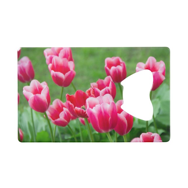 Cute scarlet tulips in the garden credit card bottle opener (Front (Horizontal))