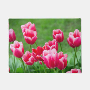 Cute scarlet tulips in the garden doormat