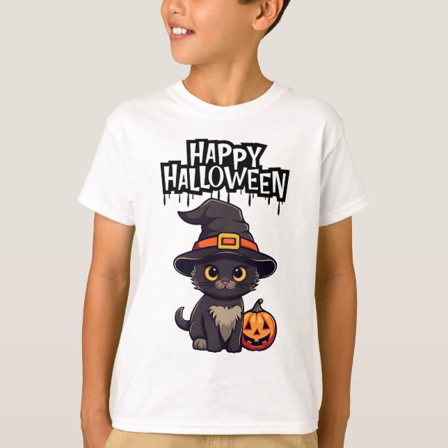 Cute Scary Black Cat With Pumpkin Jack O Lantern  T-Shirt (Front)