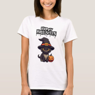 Cute Scary Black Cat With Pumpkin Jack O Lantern  T-Shirt