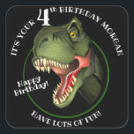 Cute Scary Dinosaur Square Sticker<br><div class="desc">Is this scary Tyrannosaurus isn't looking for supper,  he really is trying hard to be
friendly,  and wants to wish a special child a very HAPPY BIRTHDAY!
Customize the child's name and age.</div>