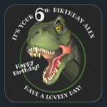 Cute Scary Dinosaur Square Sticker<br><div class="desc">Is this scary Tyrannosaurus isn't looking for supper,  he really is trying hard to be
friendly,  and wants to wish a special child a very HAPPY BIRTHDAY!
Customize the child's name and age.</div>