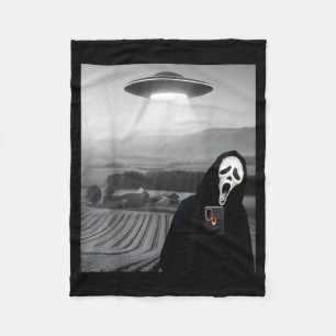 Cute Scary Face Horror Ghost Selfie with Alien UFO Fleece Blanket