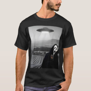 Cute Scary Face Horror Ghost Selfie with Alien UFO T-Shirt