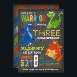 Cute Scary Little Dragons Birthday Invitation<br><div class="desc">Cute and scary little dragons on chalkboard background with colourful grunge chevron print back design birthday invitation card.</div>