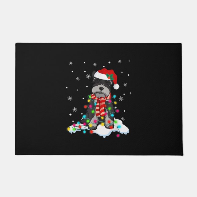 Cute Schnauzer Christmas Lights With Santa Hat Doormat (Front)