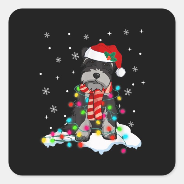 Cute Schnauzer Christmas Lights With Santa Hat Square Sticker (Front)