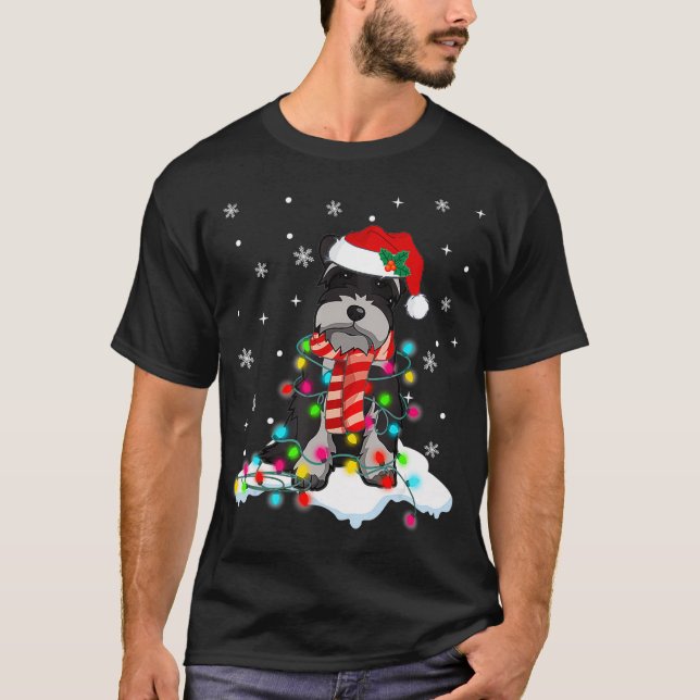 Cute Schnauzer Christmas Lights With Santa Hat T-Shirt (Front)