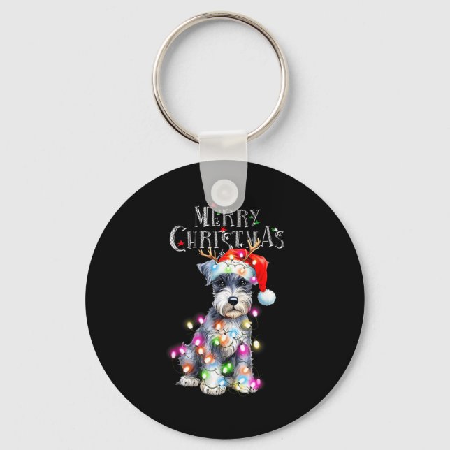 Cute Schnauzer Christmas Lights Xmas Dog Santa Hat Keychain (Front)