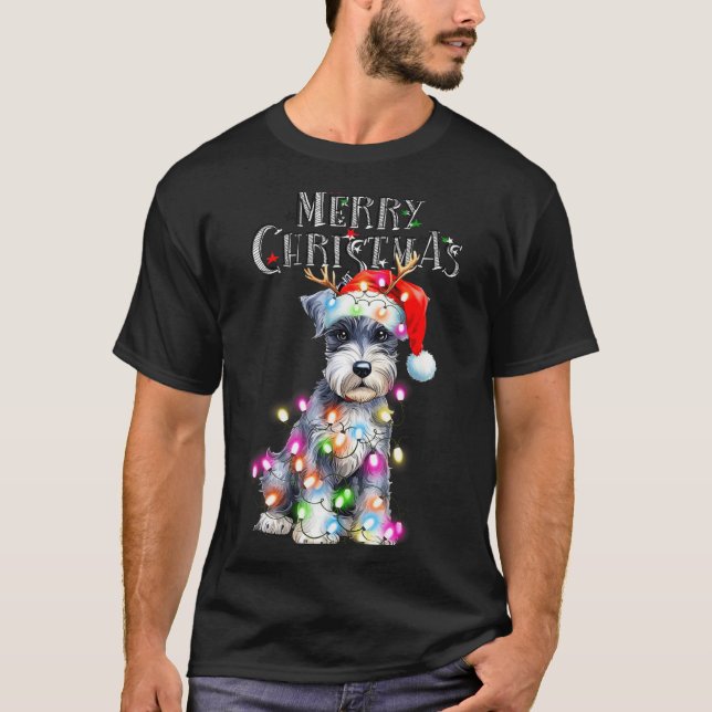 Cute Schnauzer Christmas Lights Xmas Dog Santa Hat T-Shirt (Front)