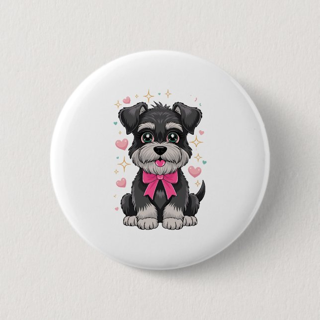 Cute Schnauzer With Pink Bow Surrounded by Hearts 2 Inch Round Button (Front)