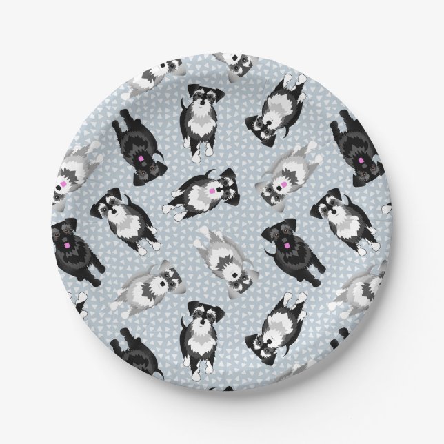 Cute schnauzers blue party cake paper plate (Front)