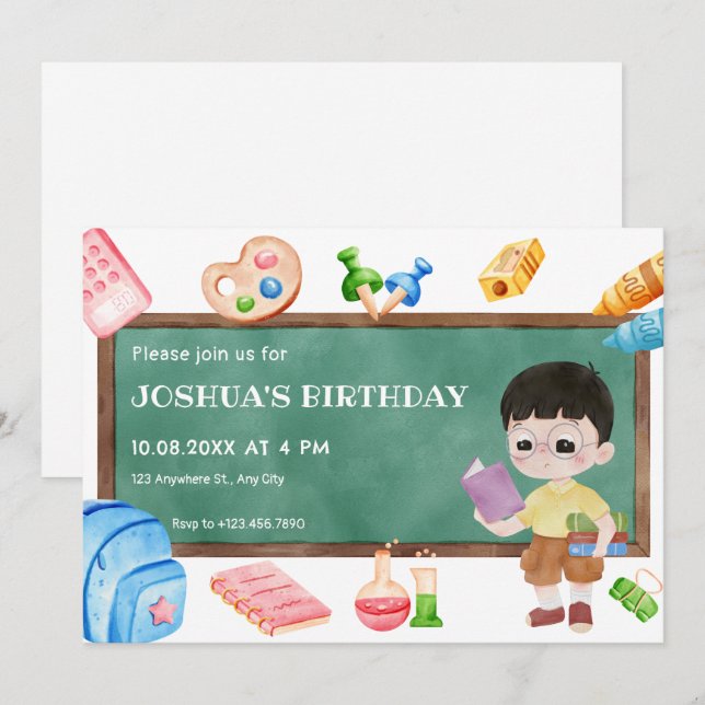 Cute school boy chalkboard birthday invitation (Front/Back)