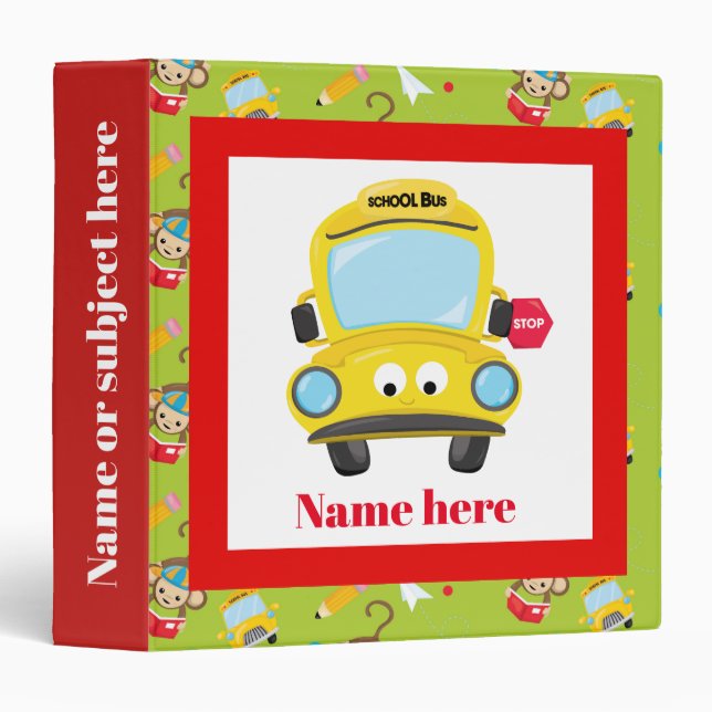 Cute school bus monkey pattern add name binder (Front/Spine)