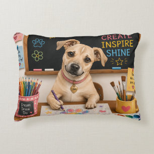 Cute School Dog Painting Watercolor Illustration Accent Pillow