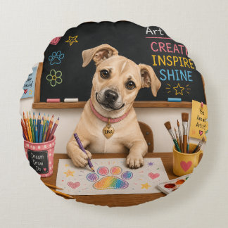 Cute School Dog Painting Watercolor Illustration Round Pillow