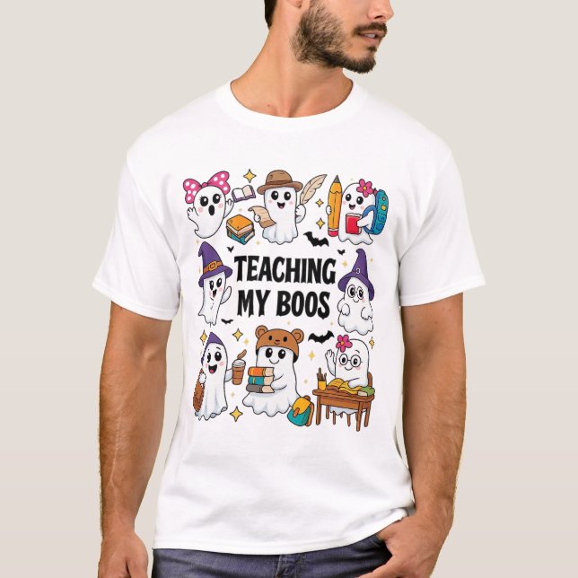 Cute School Ghosts Halloween Theme T-Shirt (Front)