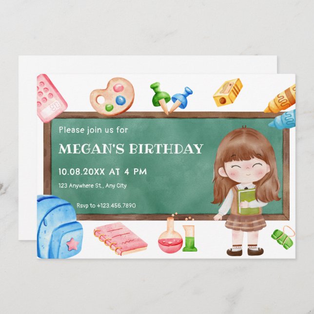 Cute school girl chalkboard birthday invitation (Front/Back)